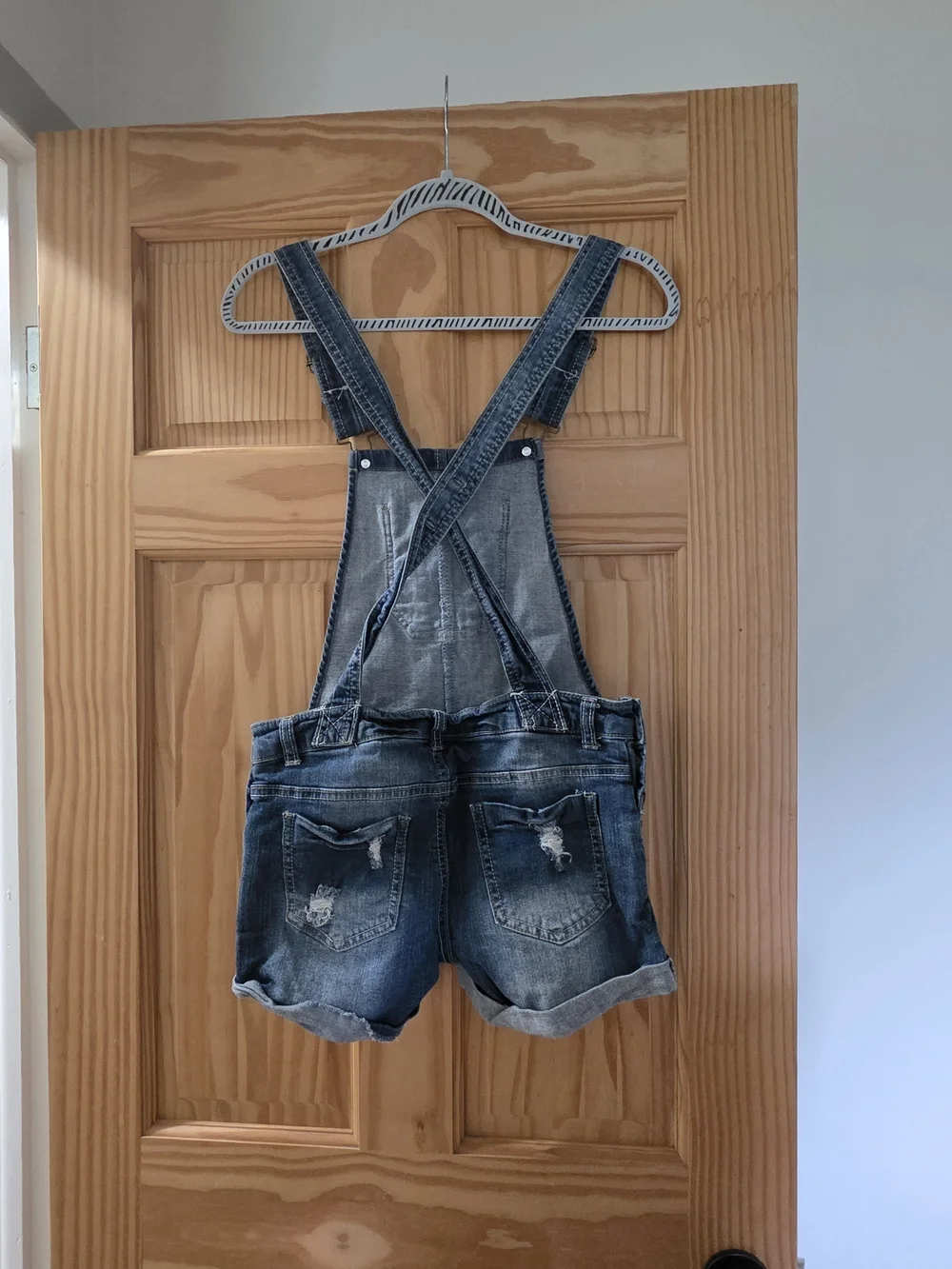 Denim Blue Distressed Short Overalls